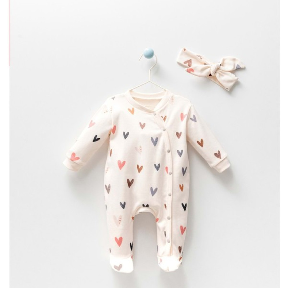 Enen Baby Yeni Doğan Penye Kalpli Patikli Tulum - ENEN0001028 - Esyababy - Ekru - 3-6 Ay Bebek Zıbın Seti Fiyatı