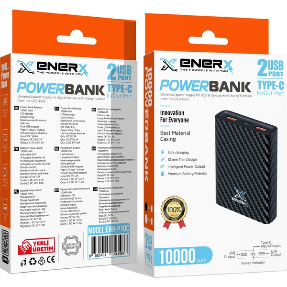 Enerx Powerbank 10000 Mah 2.1 Amper Siyah ENR-P10C Taşınabilir Şarj Cihazı - Powerbank Fiyatı