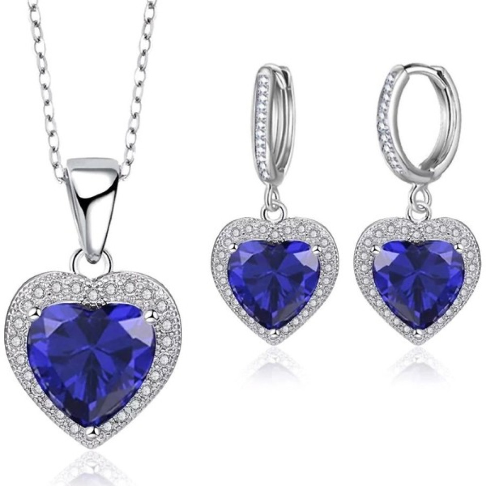 Enes Store Gümüş Mavi Zirkon Taşlı Kalp Gümüş Bayan Kolye Küpe Set Gümüş Kolye Fiyatı