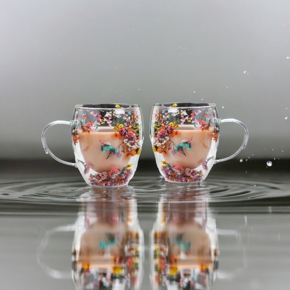 Enfal 2 Adet Çift Cidarlı Çiçekli Bardak 330ml - Şeffaf - 250 ml Fincan / Bardak / Kahve Takımı Fiyatı