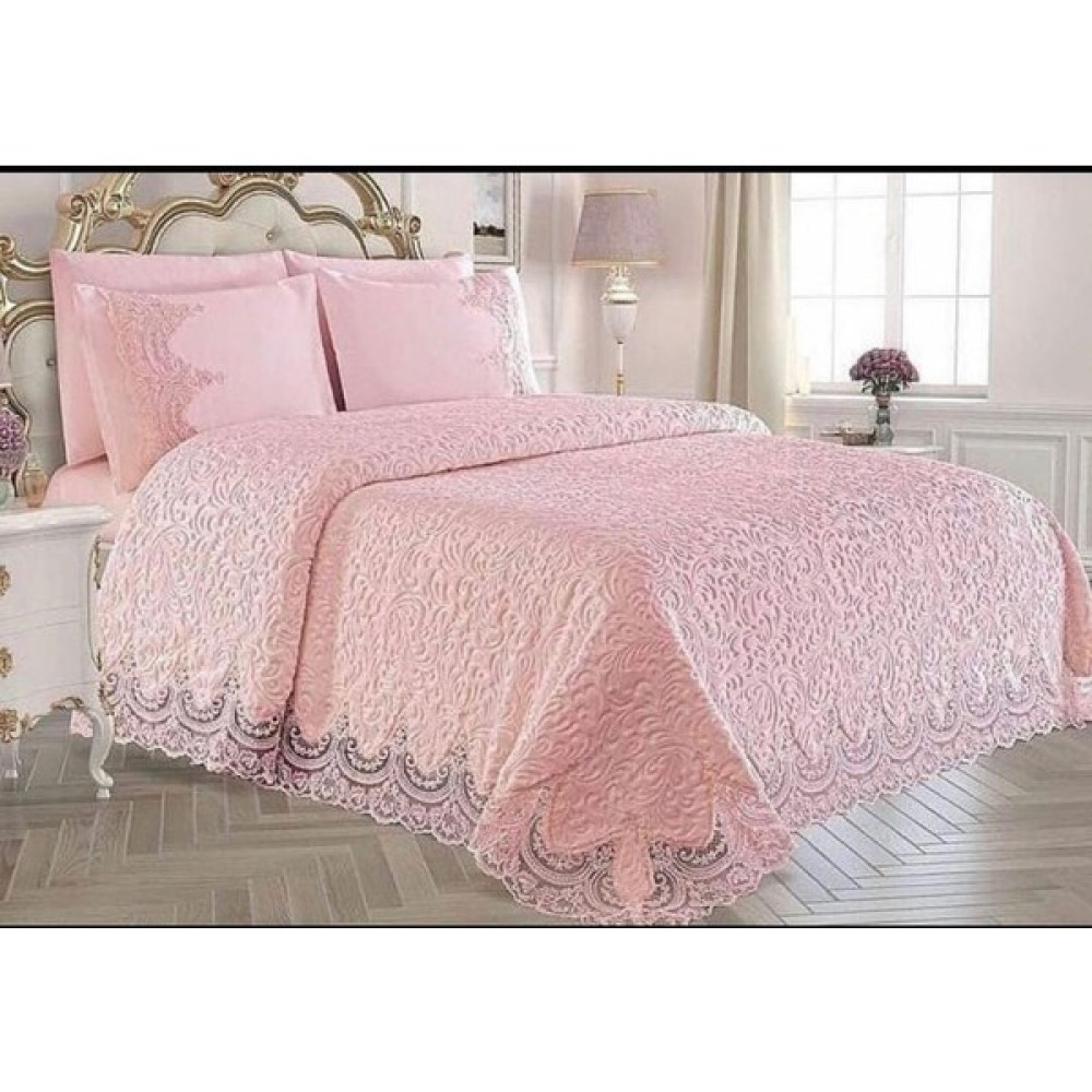 Enfal Fransız Güpürlü Battaniye Yatak Örtüsü Takımı 6 Parça - 220 x 240 cm - Açık Pembe Yatak Örtüsü Fiyatı