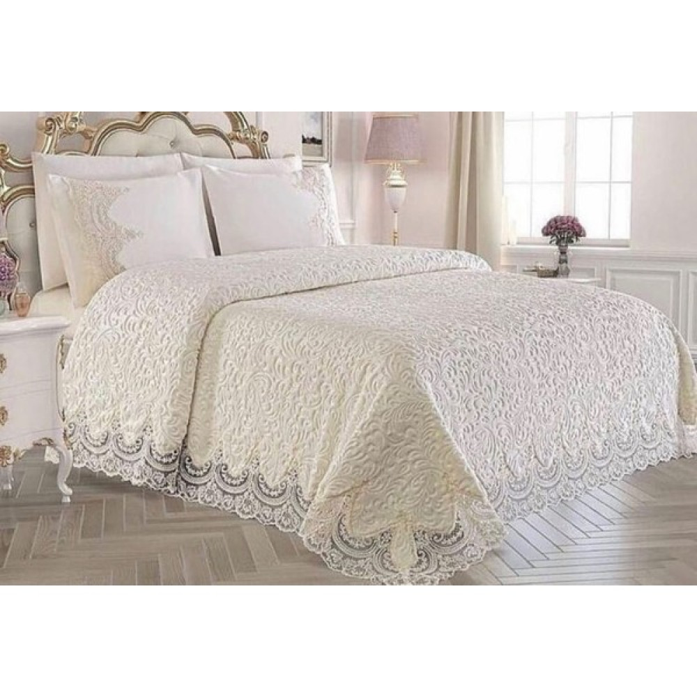 Enfal Fransız Güpürlü Battaniye Yatak Örtüsü Takımı 6 Parça - 220 x 240 cm - Krem - Bej Yatak Örtüsü Fiyatı