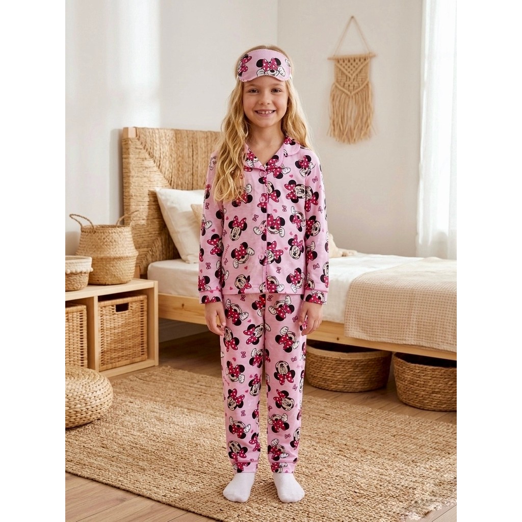 Enie Kız Çocuk Pembe Karakter Desenli 4 Mevsim Pijama Takımı + Göz Bandı Diğer Fiyatı