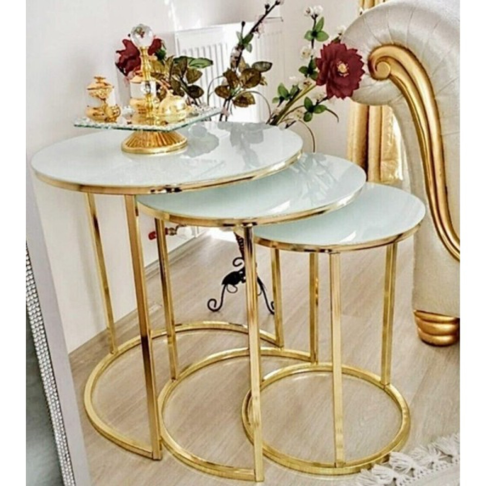 Enirey 3'lü Beyaz Cam Gold Ayak Zigon Sehpa Zigon Sehpa Fiyatı