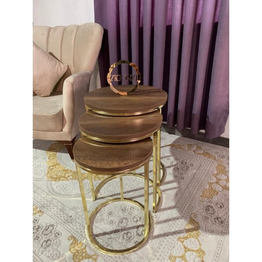 Enirey 3'lü Koyu Ceviz Ahşap Gold Ayak Metal Sehpa Zigon Sehpa Fiyatı