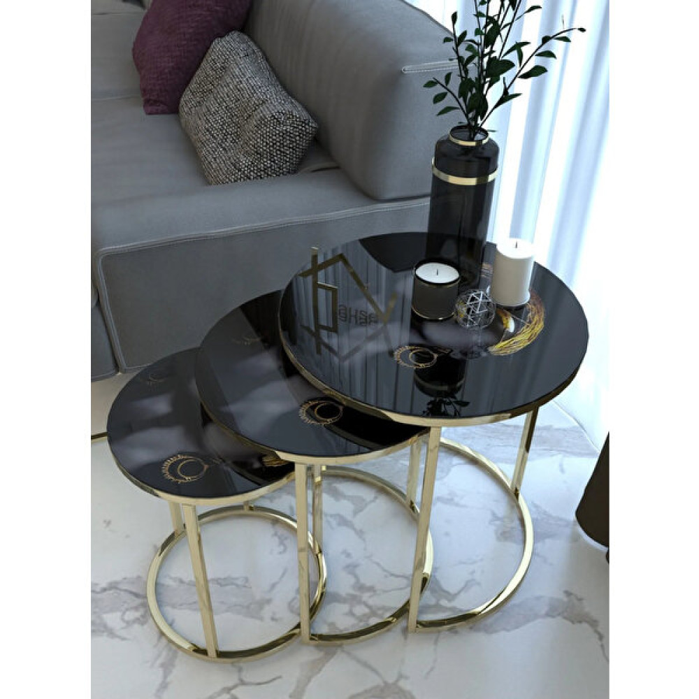 Enirey 3'lü Zenci Cam Gold Metal Sehpa Zigon Sehpa Fiyatı