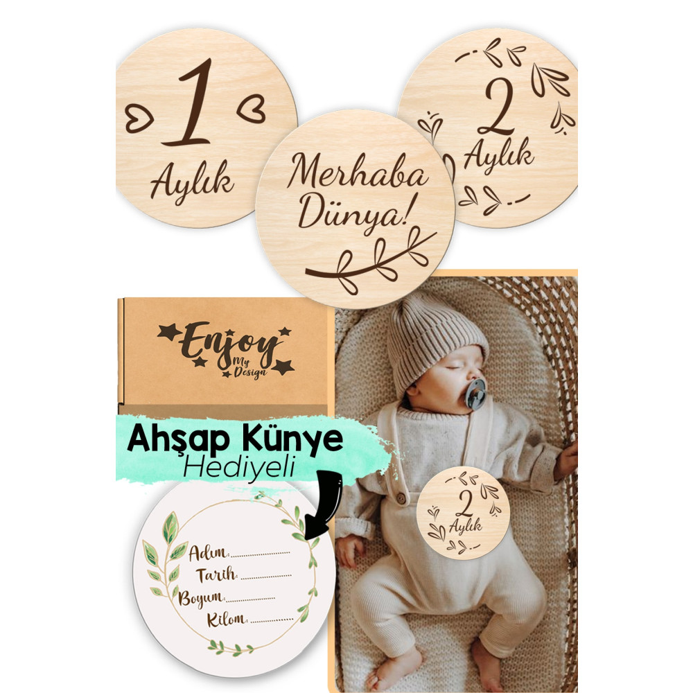 Enjoymydesign Ahşap Türkçe Aylık Plak Seti Bebek Fotoğraf Kartları Ahşap Bebek Anı Kartı Yenidoğan Hediyesi Anne, Bebek Fiyatı