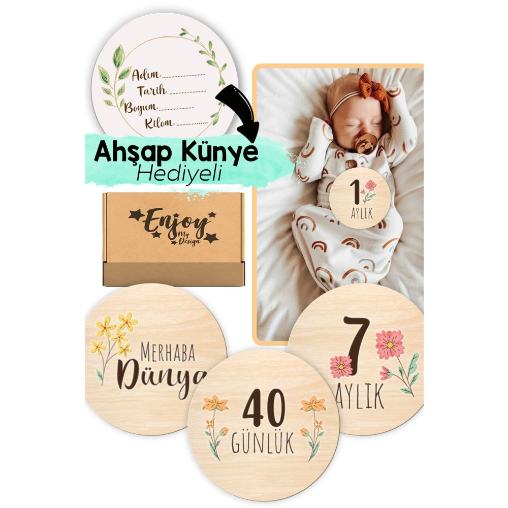 Enjoymydesign Bebek Anı Kartı Seti Çiçek Desenli Aylık Bebek Hatıra Kartları Renkli Ahşap Hamile Ay Kartları Anne, Bebek Fiyatı