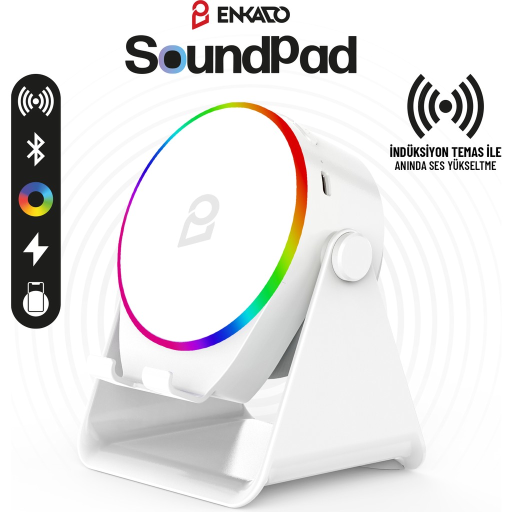 Enkado EKD-S10 5W Bluetooth + Temasla Ses Yükselten Indüksiyon Hoparlör 2000 Mah Rgb Işıklı Standlı 5in Speaker - Beyaz Bluetooth Hoparlör Fiyatı