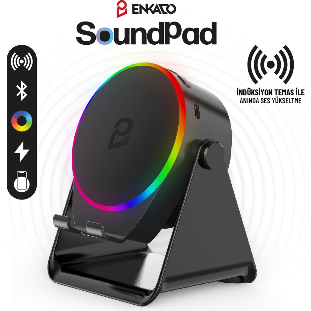 Enkado EKD-S10 5W Bluetooth + Temasla Ses Yükselten Indüksiyon Hoparlör 2000 Mah Rgb Işıklı Standlı 5in Speaker - Siyah Bluetooth Hoparlör Fiyatı