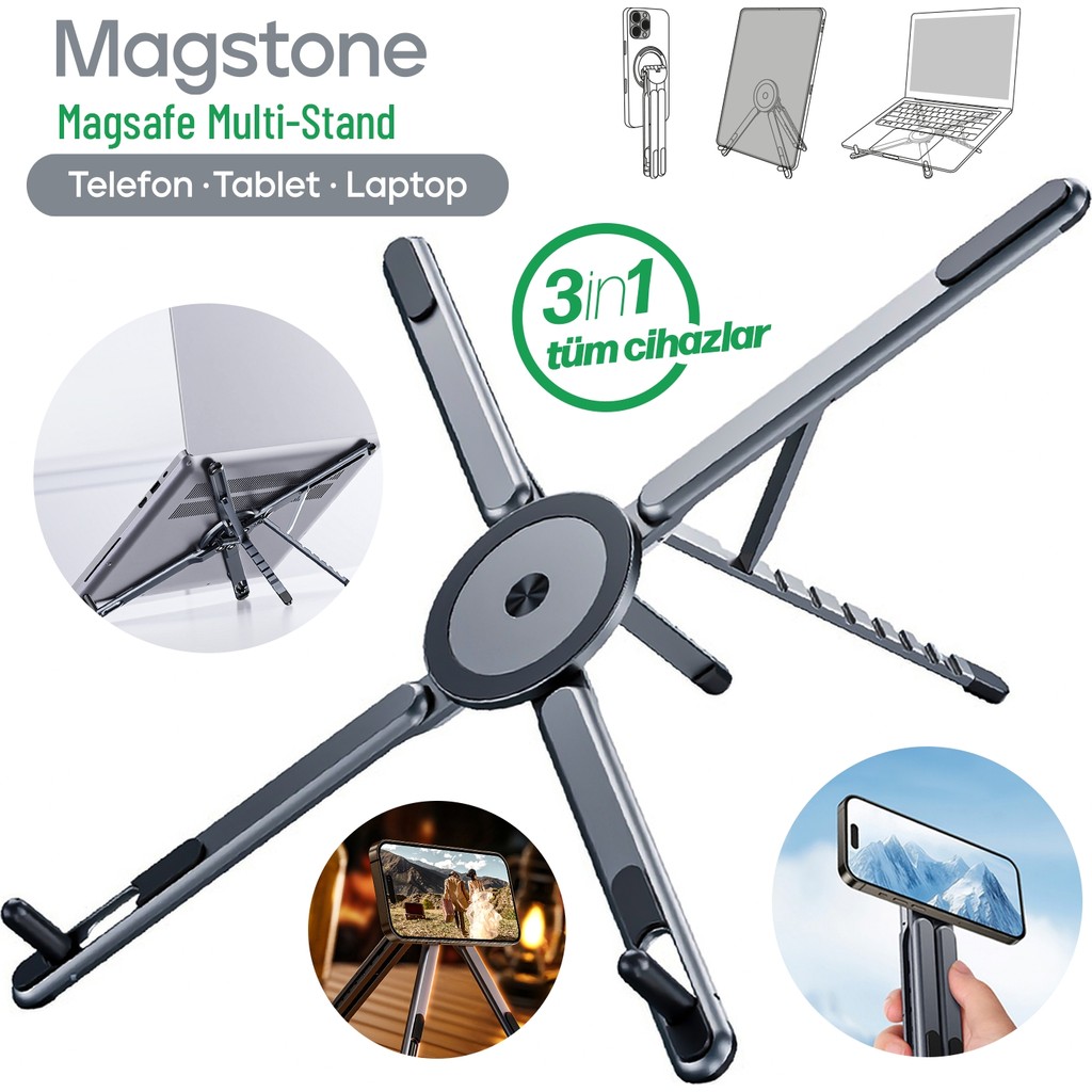 Enkado Laptop Stand Katlanabilir Ayarlanabilir Manyetik Magsafe Alüminyum Telefon Tablet Tutucu Tripod 3in1 - Gri Diğer Fiyatı