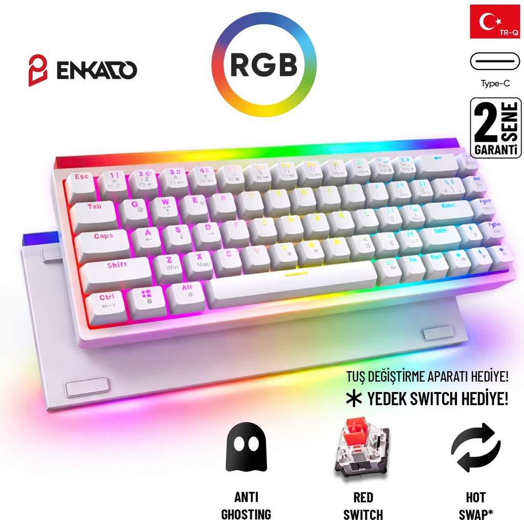 Enkado Mekanik Klavye %60 Gaming Red Switch Kablolu Beyaz Oyun Klavyesi Anti-Ghosting Klavye - Mouse Fiyatı