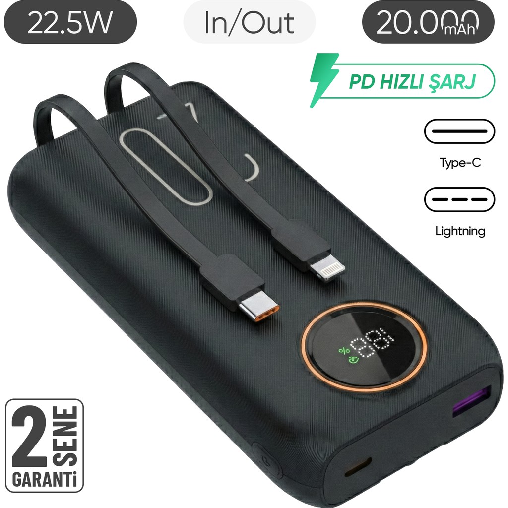 Enkado SNP-3013 20.000 Mah Hızlı Şarj LED Göstergeli Powerbank 2in1 Dahili Kablolu Taşınabilir Şarj Cihazı - Siyah Cep Telefonu Şarj Cihazı Fiyatı