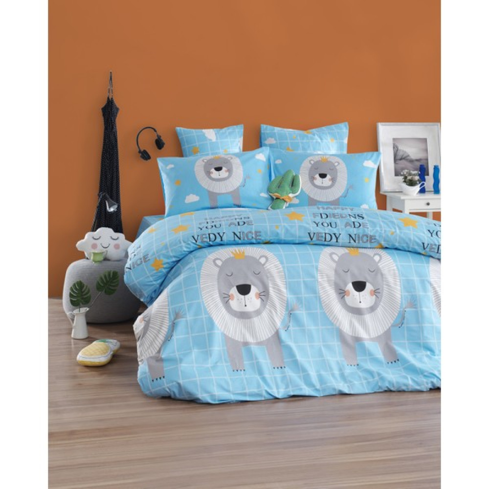 Enlora Home Aslan Kral Mavi Doğal Pamuk Çift Kişilik Nevresim Seti - 200 x 220 cm Nevresim Takımı Fiyatı