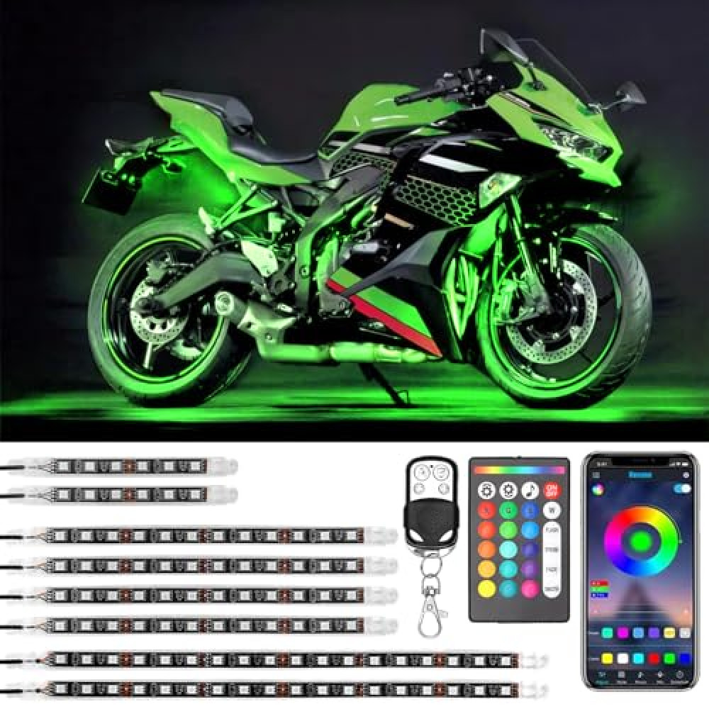 ENOCHT 8PCS Motorcycle LED Underglow Kit with APP/IR/RF Remote Control Chasing Motorcycle Lights Underglow Kit Music Sync 12V Waterproof RGB with Motorcycles Trikes Golf Carts ATV UTV