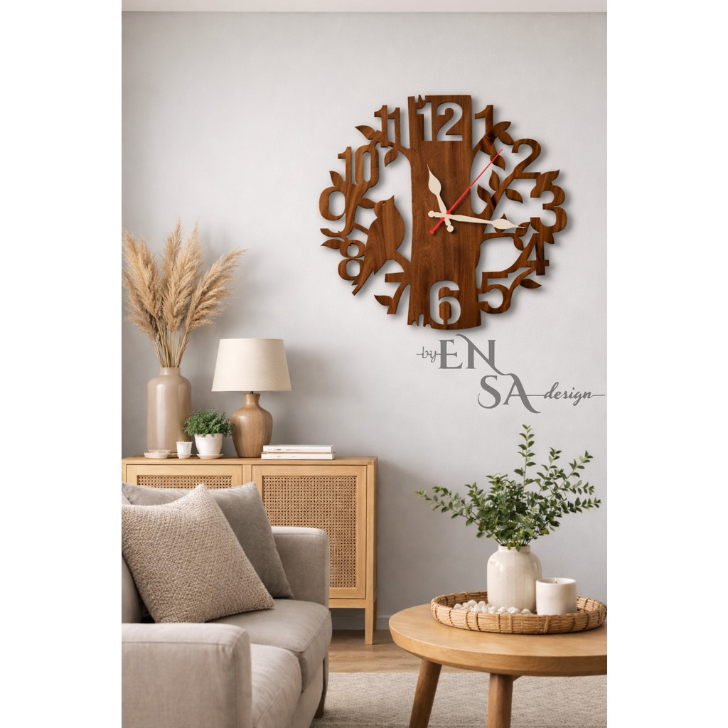 Ensa Design Ağaç Tasarımlı Mdf Duvar Saati 40CM – Dekoratif Ahşap Duvar Saati – Sessiz Mekanizmalı - Ceviz Duvar Saati Fiyatı