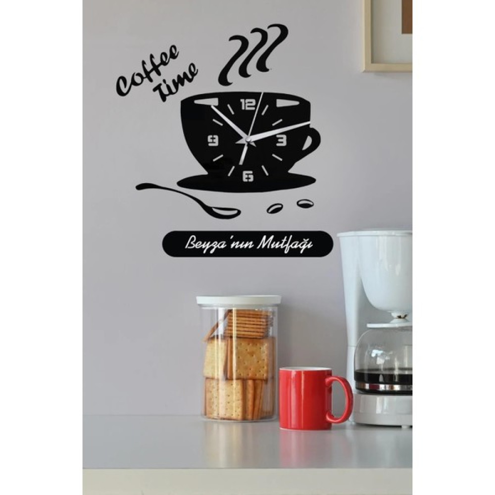Ensa Design Kişiye Özel Coffee Time Yazı Dekorlu Ahşap Duvar Saati - Mutfak Saati 50CM Dekoratif Saat Fiyatı