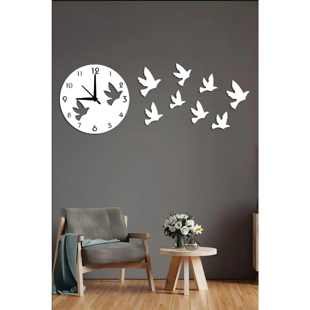 Ensa Design Kuş Tasarımlı Dekoratif Ahşap Duvar Saati 38X38 - Beyaz Evcil Hayvan Ürünleri Fiyatı