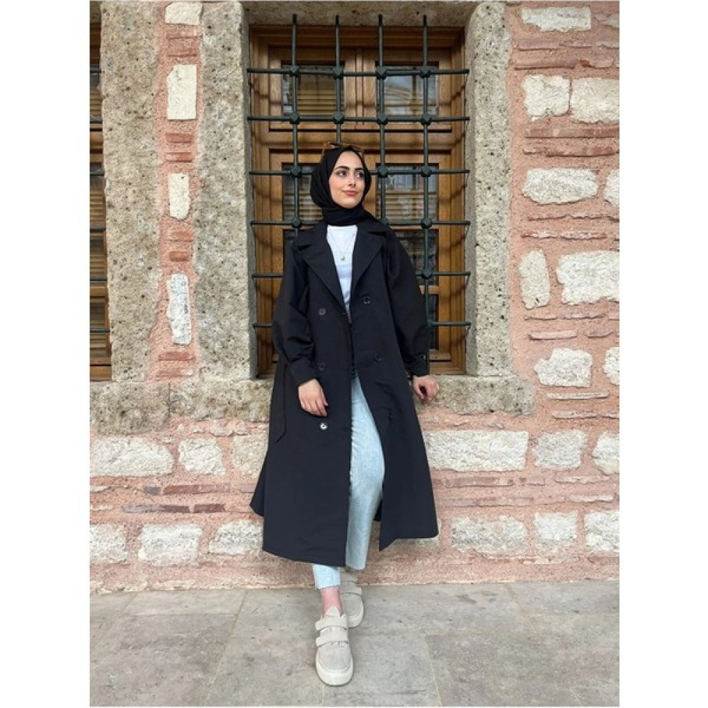 Ensade Omuz Büzgülü Düğmeli Kuşaklı Oversize Kalıp Gabardin Trençkot Kadın Trençkot Fiyatı