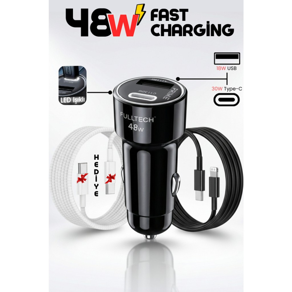 Enshall 48W Hızlı Şarj Destekli 3A Type-C ve USB Giriş Lightning Kablolu Araç Çakmaklık Şarj Aleti 12-24V - Siyah Cep Telefonu Şarj Cihazı Fiyatı