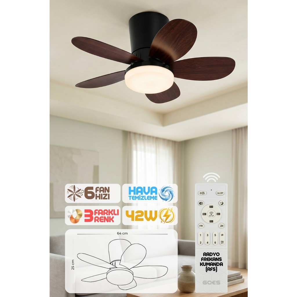 Enshall 64CM Modern Goes Uzaktan Kumandalı 5 Kanatlı Tavan Vantilatörü ve LED Lamba Işık 42W Diğer Fiyatı