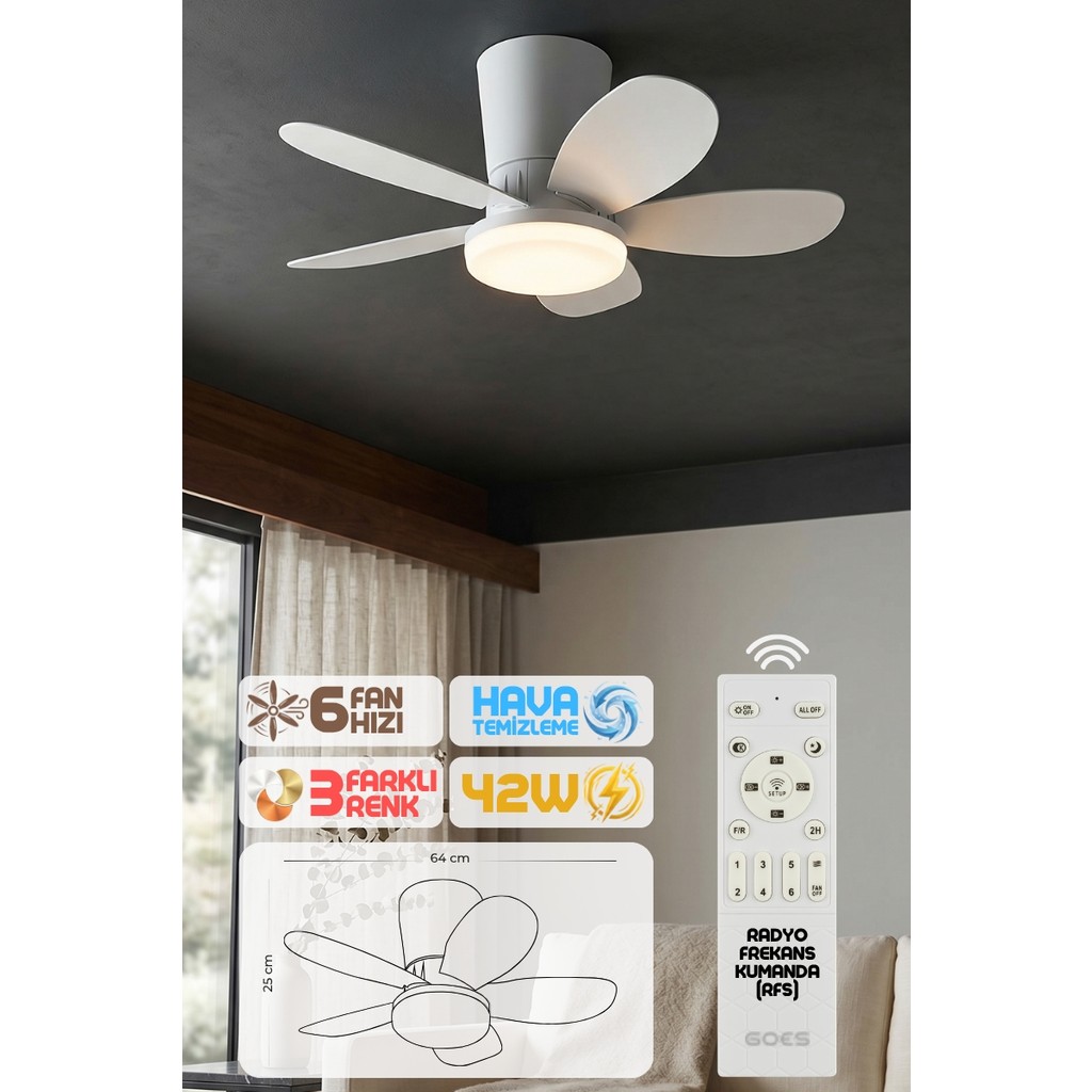 Enshall 64CM Modern Goes Uzaktan Kumandalı 5 Kanatlı Tavan Vantilatörü ve LED Lamba Işık 42W - Beyaz Diğer Fiyatı