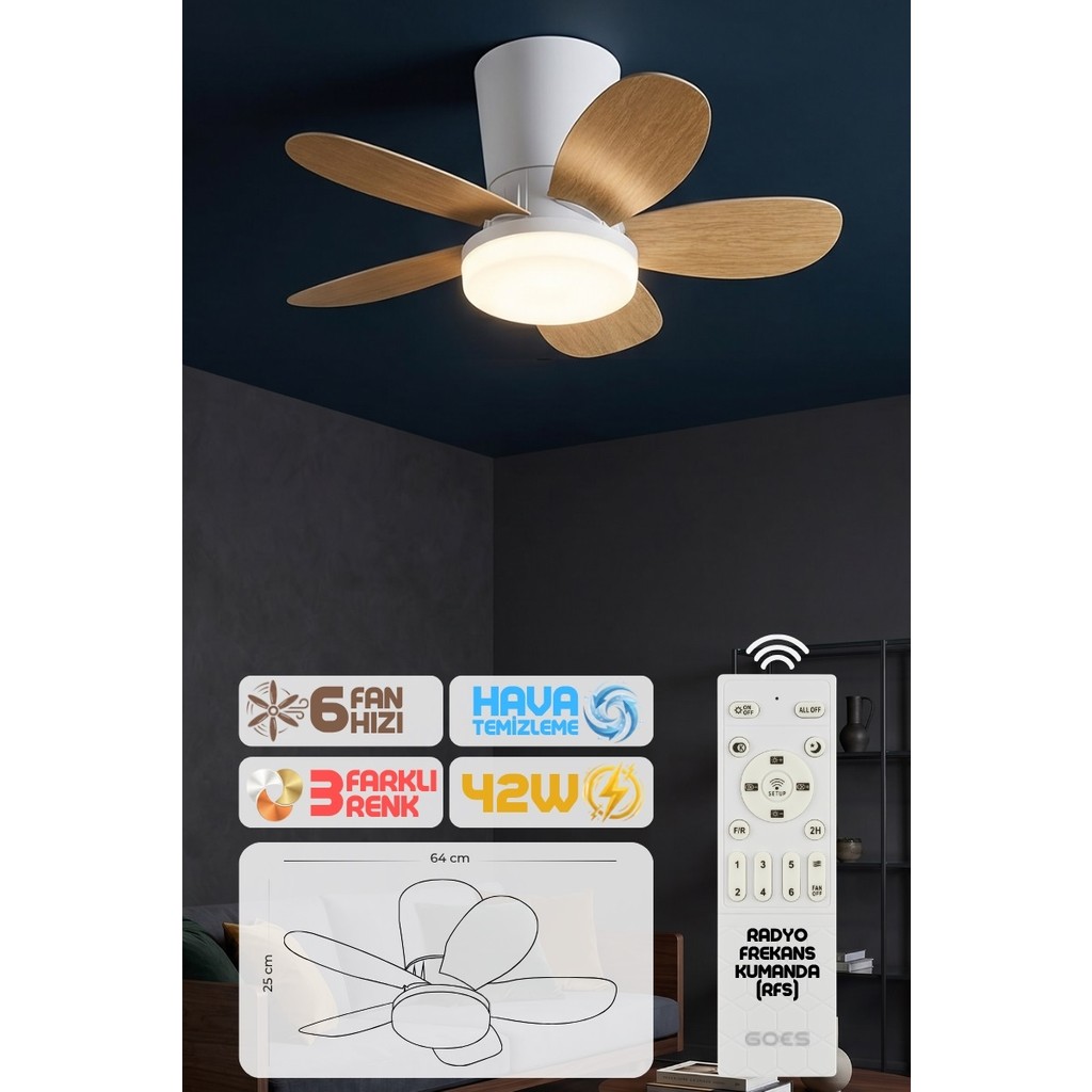 Enshall 64CM Modern Goes Uzaktan Kumandalı 5 Kanatlı Tavan Vantilatörü ve LED Lamba Işık 42W - Meşe - Beyaz Diğer Fiyatı