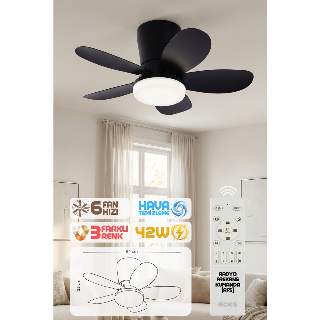 Enshall 64CM Modern Goes Uzaktan Kumandalı 5 Kanatlı Tavan Vantilatörü ve LED Lamba Işık 42W - Siyah Diğer Fiyatı