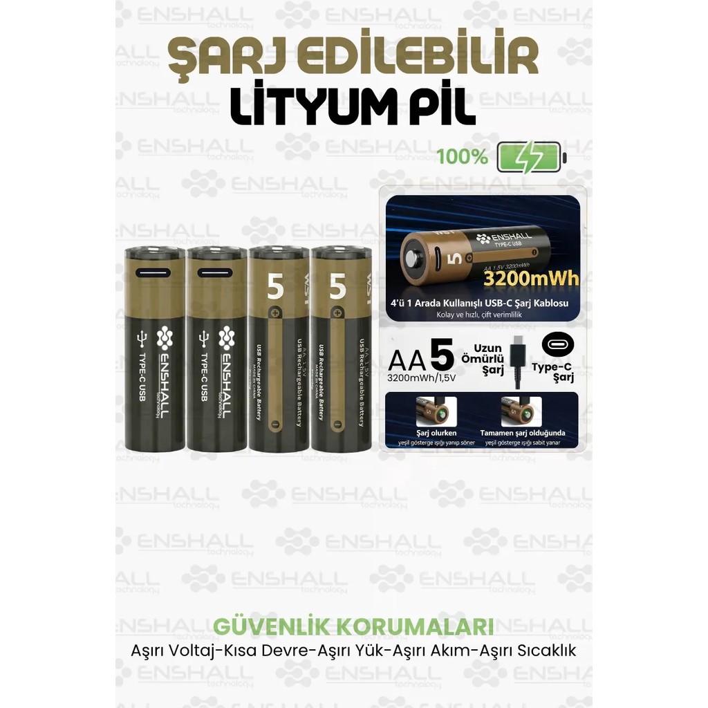 Enshall Aa Type-C Şarj Edilebilir Kalın Pil 1.5V 3200MWH Kapasiteli Lityum-Ion Saat Pili - 4'lü Akıllı Saat Aksesuarı Fiyatı