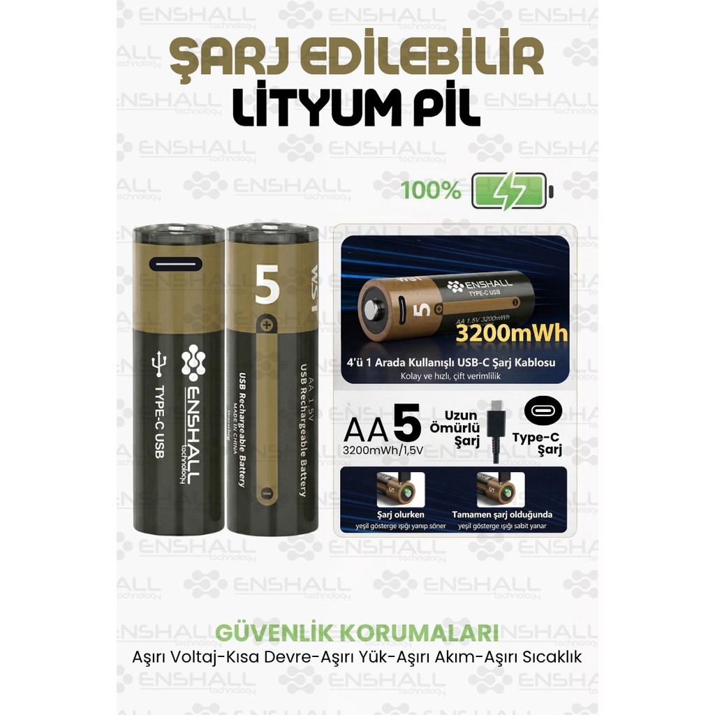Enshall AA Type-C Şarj Edilebilir Kalın Pil 1.5V Kapasiteli Lityum-Ion Saat Pili - 2'li Akıllı Saat Aksesuarı Fiyatı