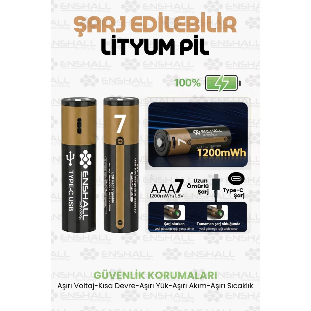 Enshall AAA Type-C Şarj Edilebilir Ince Kalem Pil 1.5V 1200MWH Kapasiteli Lityum-Ion Kumanda Pili - 2'li TV Aksesuarları Fiyatı