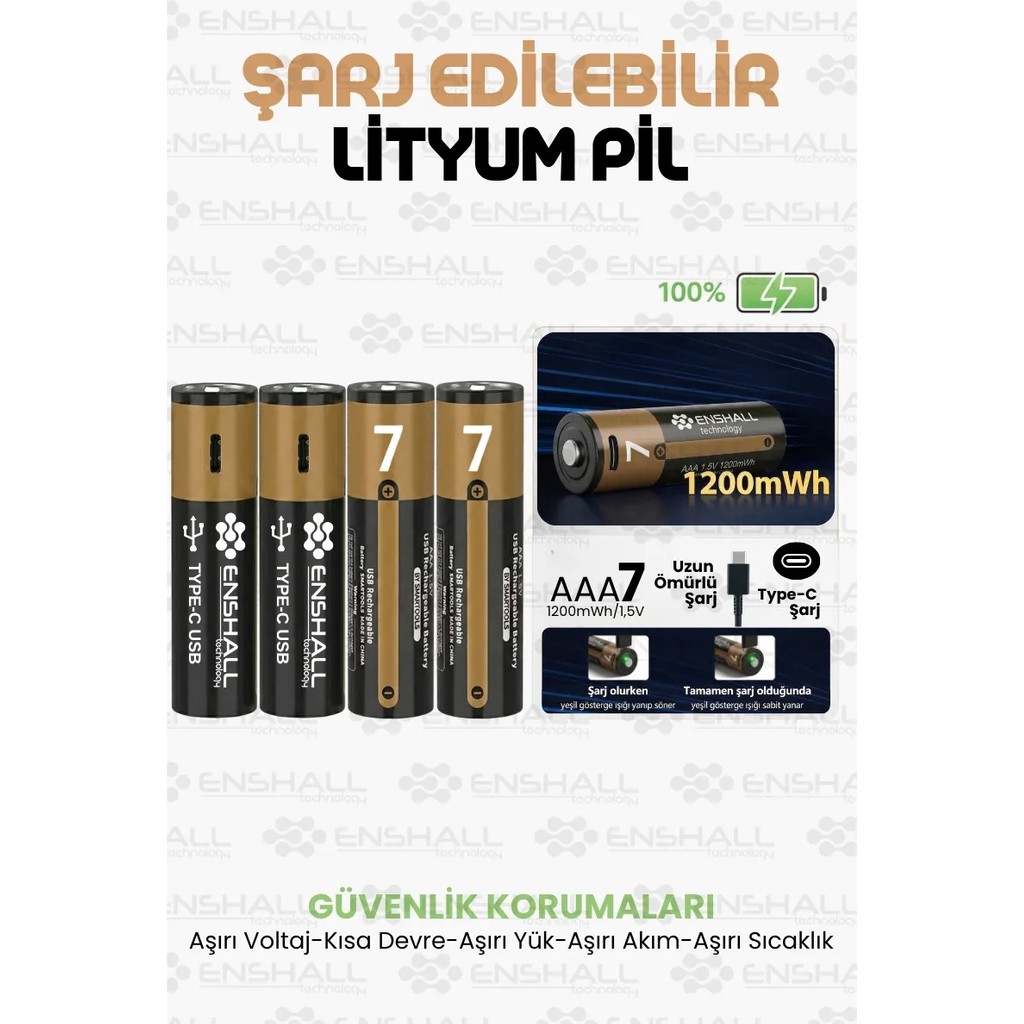 Enshall Aaa Type-C Şarj Edilebilir Ince Kalem Pil 1.5V 1200MWH Kapasiteli Lityum-Ion Kumanda Pili - 4'lü TV Aksesuarları Fiyatı