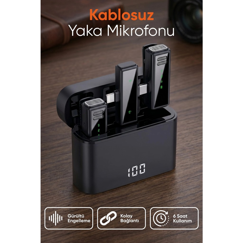 Enshall Type-C ve Lightning Uyumlu Gulony Klipsli Kablosuz Çift Mikrofonlu Tak Çalıştır Çok Yönlü Yaka Mikrofon - Siyah Bilgisayar Çevirici ve Adaptörü Fiyatı