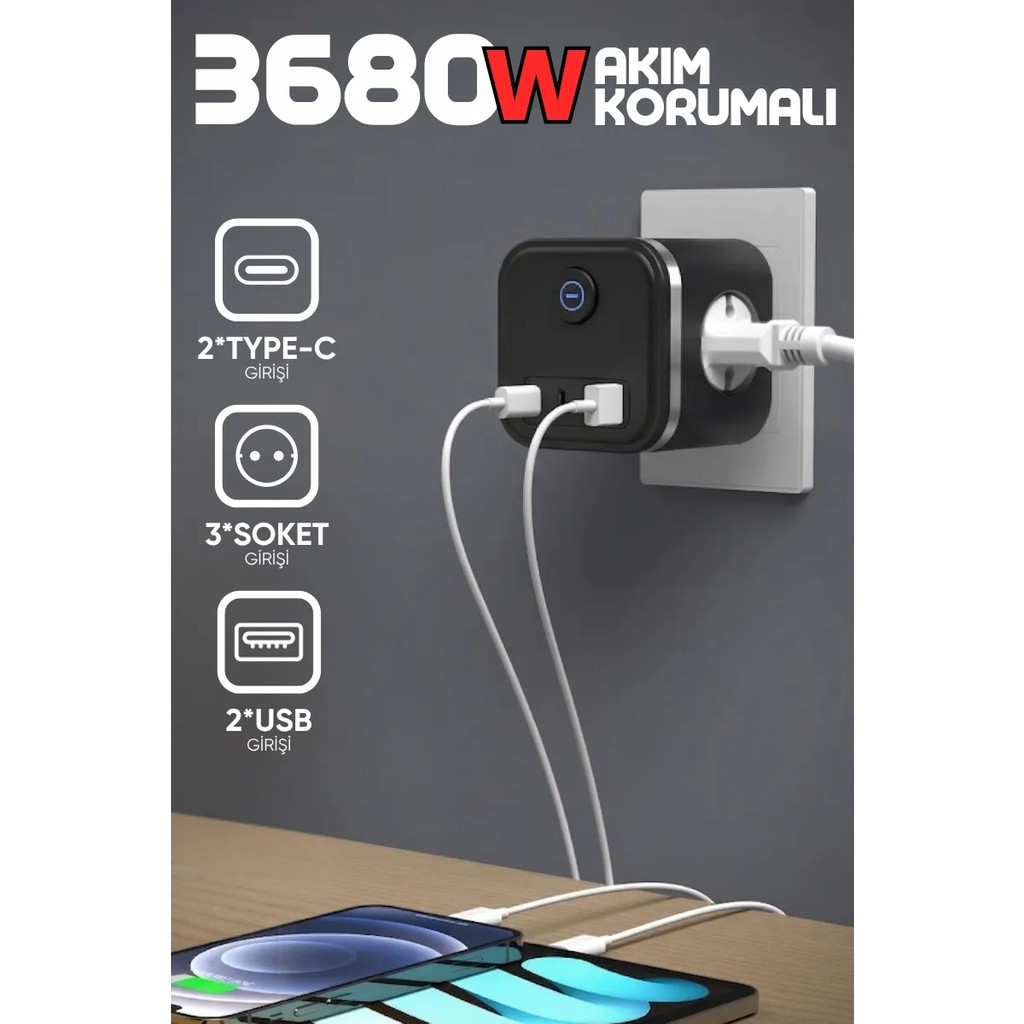 Enshall Yeni 3680W Pro Power 2xtype-C ve 2x USB Girişli Anahtarlı 3lü Çoğaltıcı Küp Priz - Siyah Bilgisayar Çevirici ve Adaptörü Fiyatı