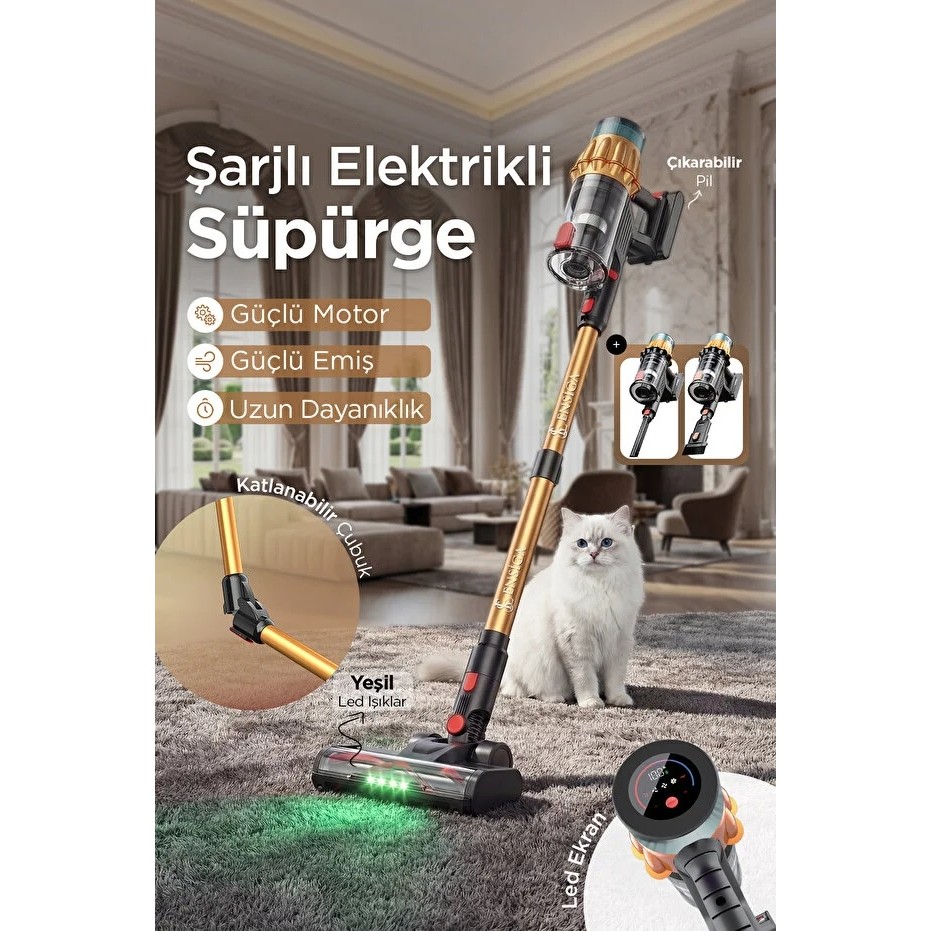 Ensiga Business 40KPA 650W Max Güç LCD Ekranlı Bldc Şarjlı Katlanabilir Toz Işıklı Ev Ofis Dikey Süpürge Şarjlı Süpürgeler Fiyatı