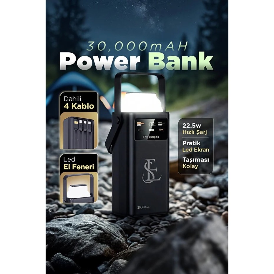 Ensiga Hızlı Şarjlı Powerbank 30000MAH 22.5W Dahili Kablolu 2x USB Outdoor Taşınabilir - Siyah Taşınabilir Şarj Cihazı - Powerbank Fiyatı