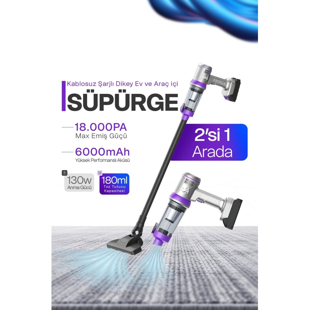 Ensiga LCD Ekranlı Dikey Süpürge Ev ve Araç Içi Süpürge 18.000 Pa Max Emiş Güçlü Kablosuz Şarjlı Şarjlı Süpürgeler Fiyatı