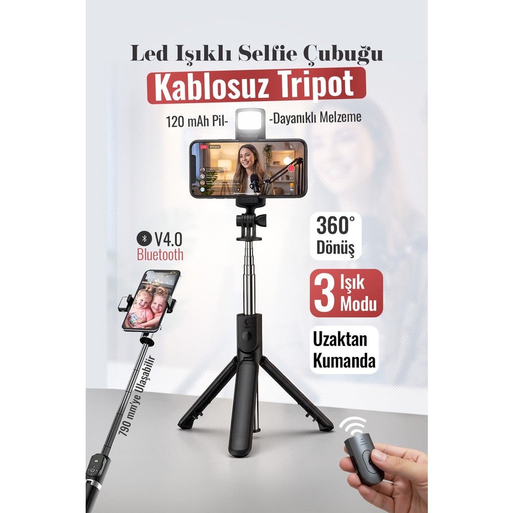 Ensiga Led Işıklı Selfie Çubuğu Bluetooth Kumandalı Kablosuz Tripot Selfie Monopod Selfie Stick - Siyah Diğer Fiyatı