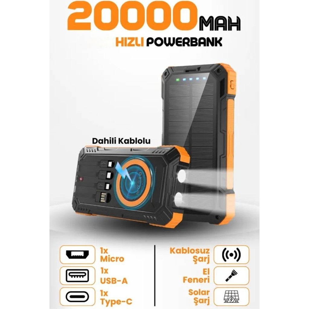 Ensiga Solar Powerbank 20000MAH Süper Hızlı Şarj Kablosuz Şarjlı Fenerli Taşınabilir Şarj Cihazı - Turuncu Taşınabilir Şarj Cihazı - Powerbank Fiyatı