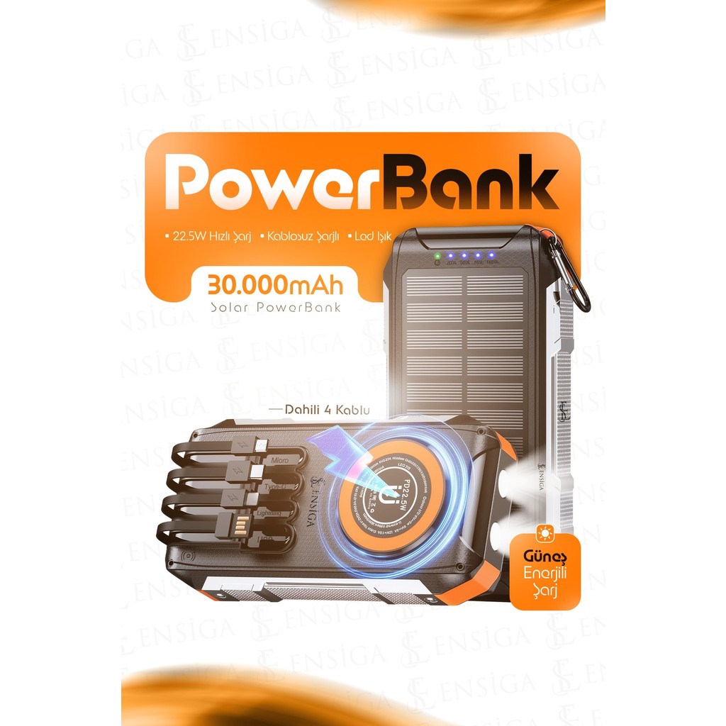 Ensiga Solar Powerbank 22.5W Hızlı Şarj Kablosuz Şarjlı LED Taşınabilir Şarj Cihazı 30000MAH - Siyah Taşınabilir Şarj Cihazı - Powerbank Fiyatı