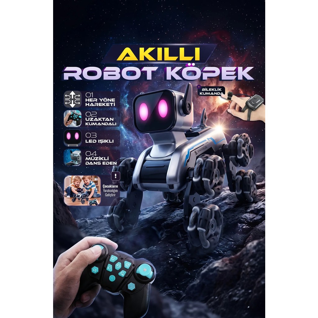 Ensiga Uzaktan Kumandalı Akıllı Robot Köpek 8 Tekerlekli Şarjlı LED Işıklı Müzikli Dans Eden Oyuncak - Gri Anne Bebek Oyuncak Fiyatı