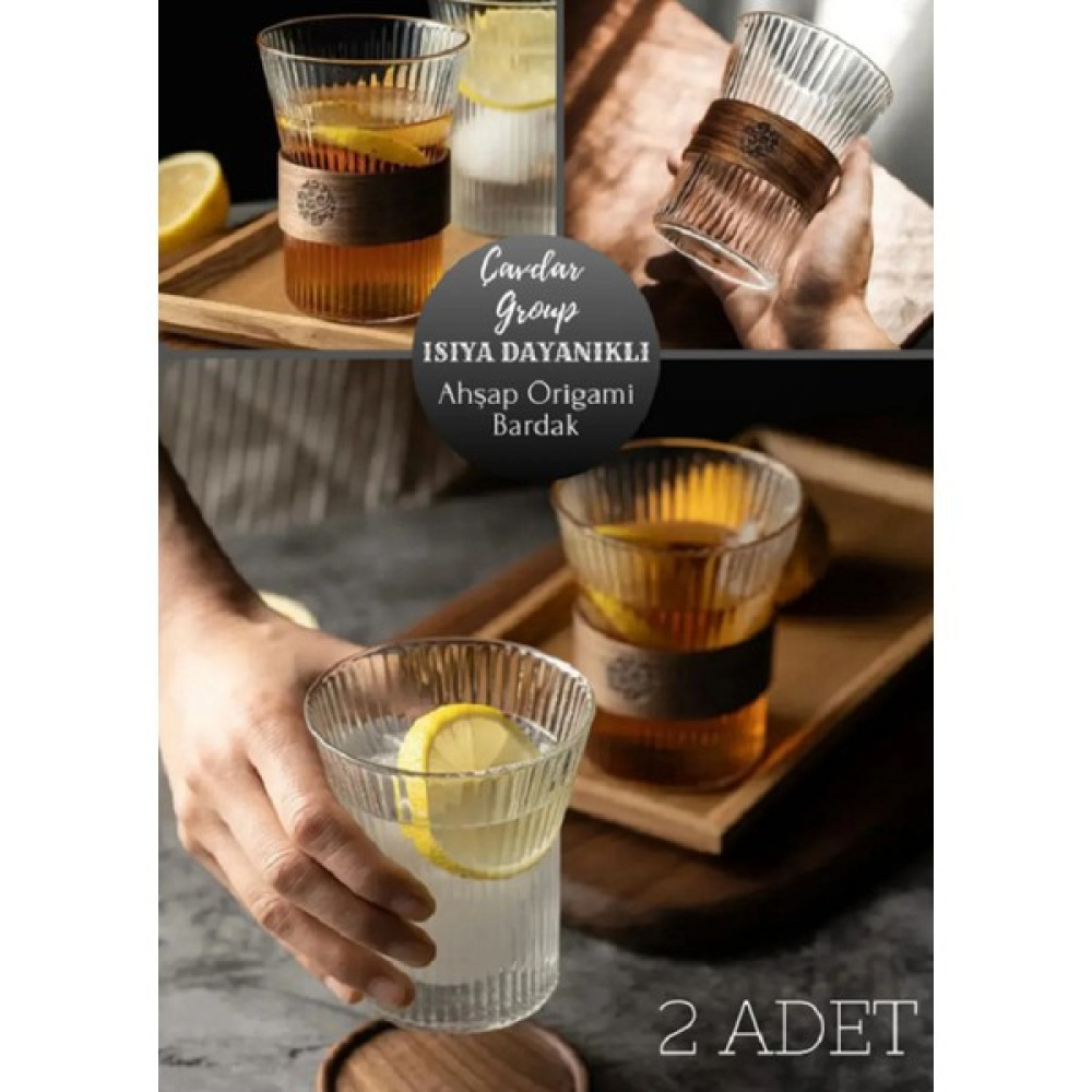 Entarzlife 2 Adet Ahşap Detaylı Origami Stil Isıya Dayanıklı Borosilikat Bardak 320 ml Çay Kahve Bardağı Cam - Şeffaf Fincan / Bardak / Kahve Takımı Fiyatı