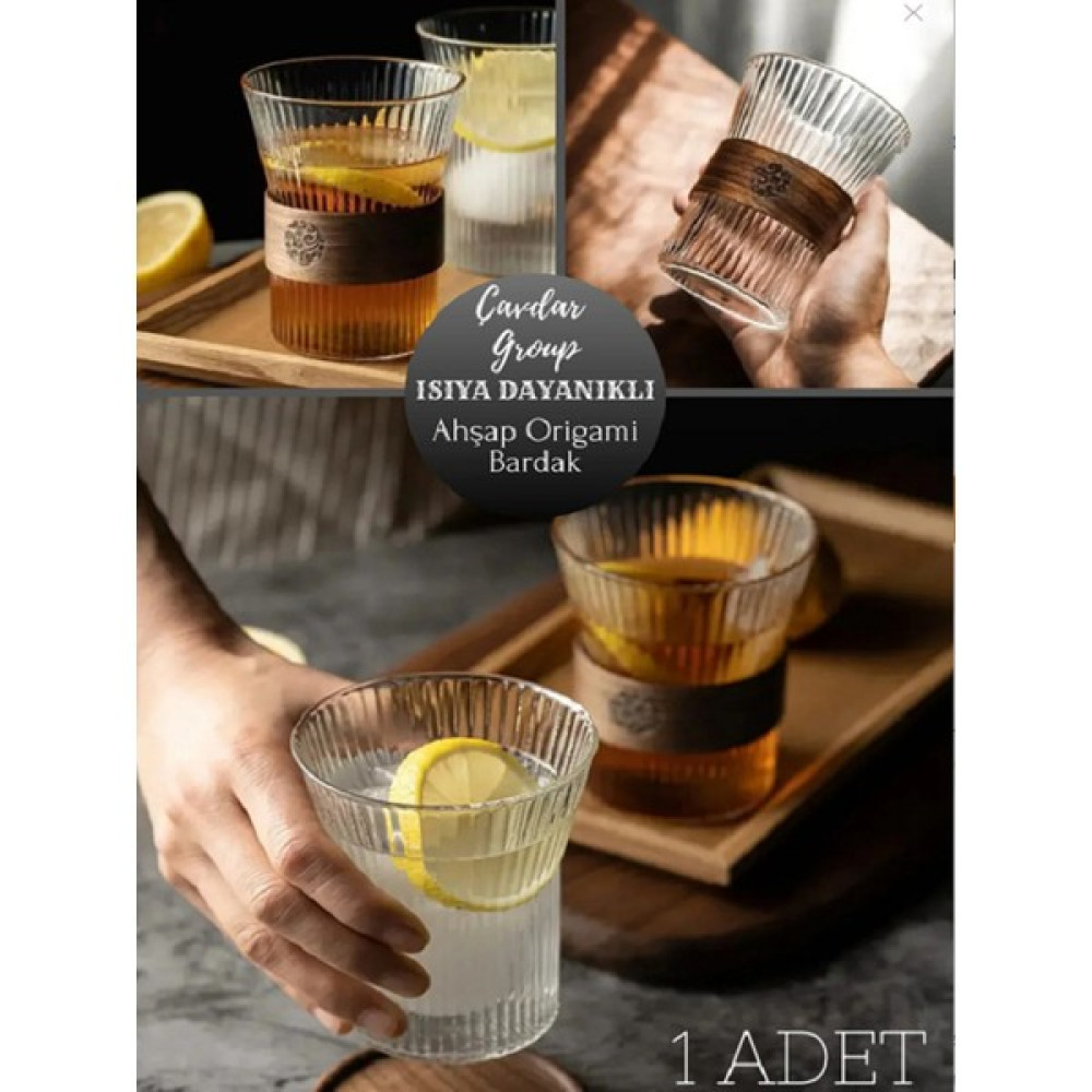 Entarzlife Ahşap Detaylı Origami Stil Isıya Dayanıklı Borosilikat Bardak 320 ml Çay Kahve Bardağı Cam 1 Adet - Şeffaf Fincan / Bardak / Kahve Takımı Fiyatı
