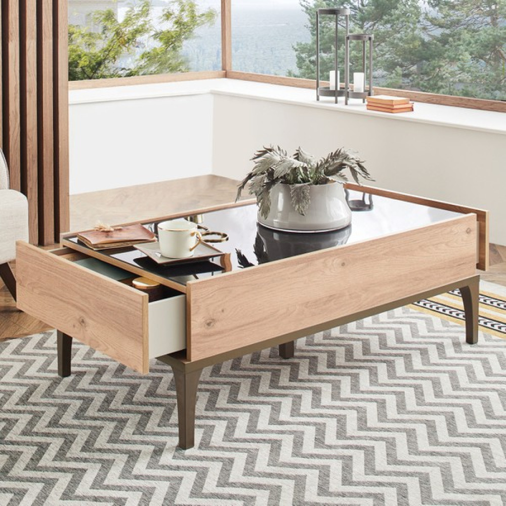 Enza Home SONA Dikdörtgen Orta Sehpa - Camlı 120x65 cm - Meşe Orta Sehpa Fiyatı