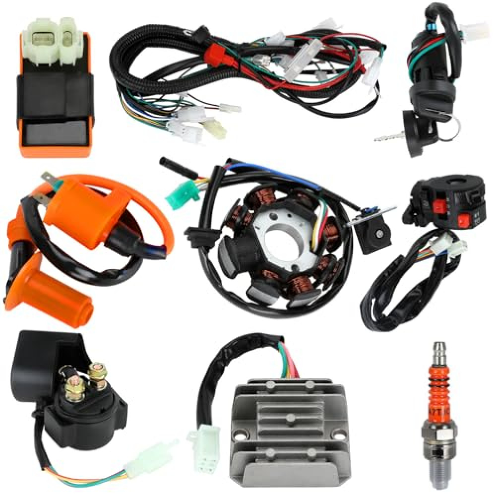 EOPOAYI Complete Wiring Harness Kit Compatible with GY6 150cc 152QMI 157QMJ 4-Stroke Engine ATV Quad 4 Wheeler Dune Buggy Parts with Ignition Coil CDI Startor Starter Relay Solenoid Regulator