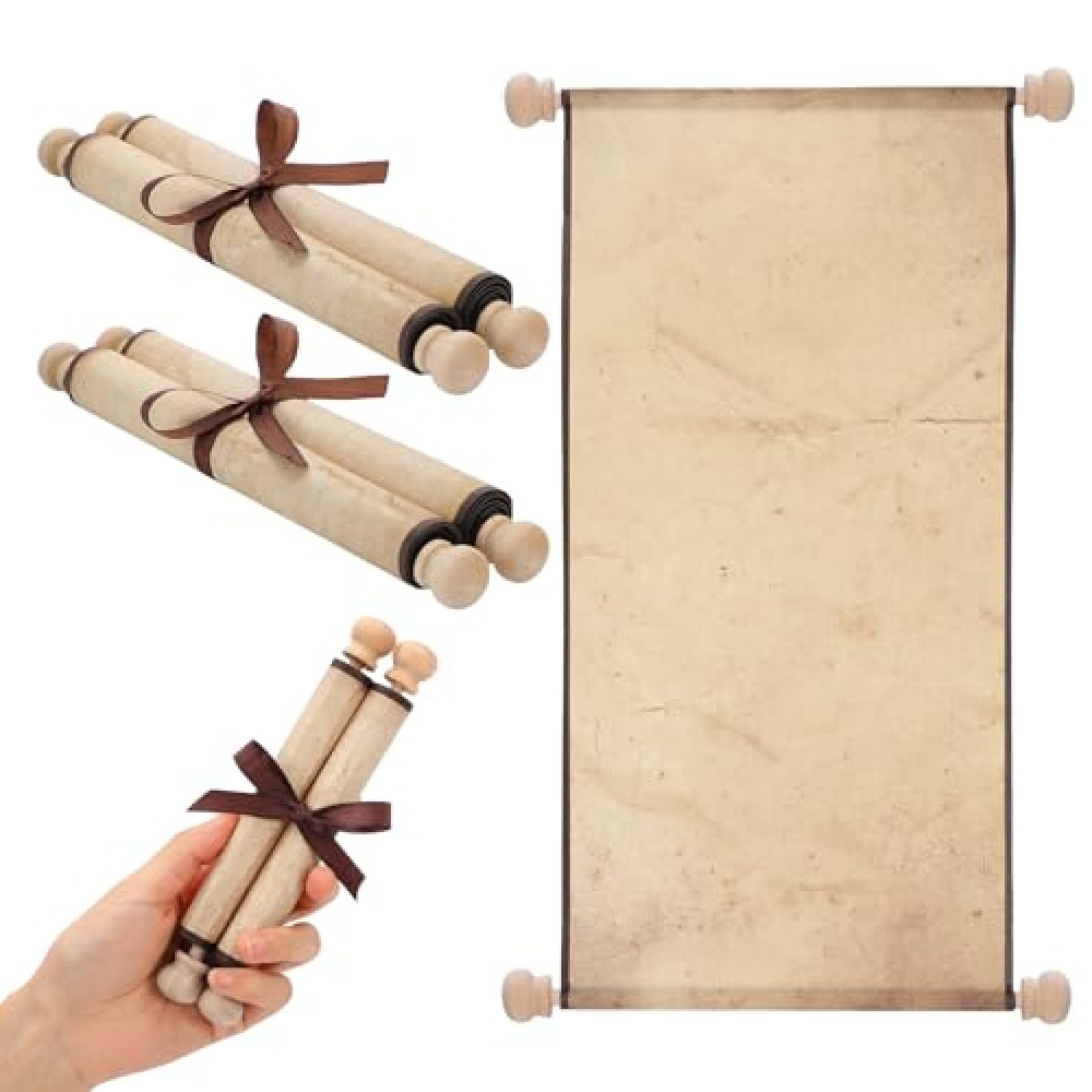 Epakh 2 Pack Blank Paper Scrolls Wrapped on Wood Rod for Writing, Drawing, Calligraphy, Wedding Vows, Cosplay Prop, Renaissance Festivals, Tabletop Role Playing Game(Old Color)