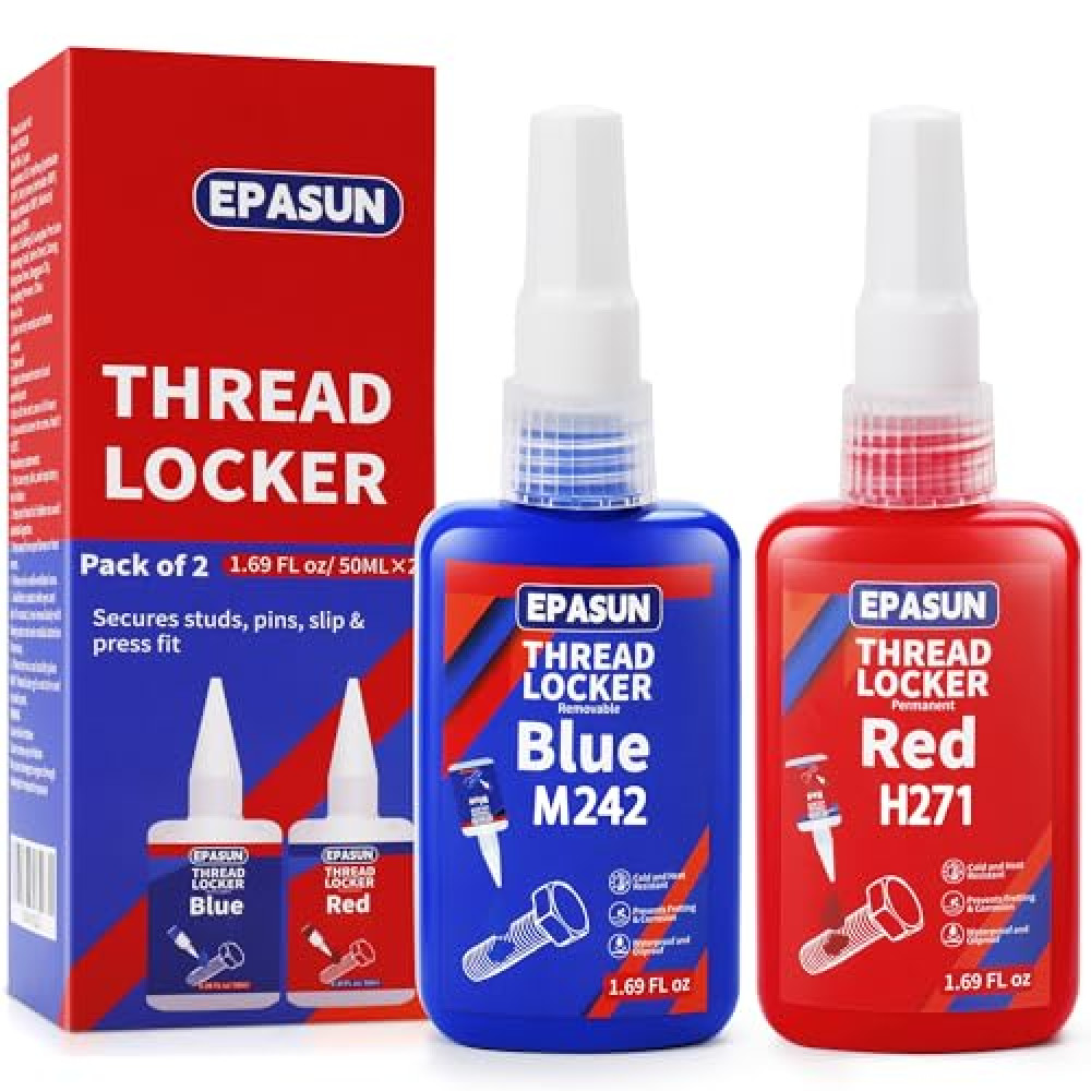 EPASUN Threadlocker Blue and Red, 50mlx2 Thread Lock Medium and Strong Strength Lock Tight for Nuts, Bolts, Fasteners, and Metals to Prevent Loosening and Corrosion