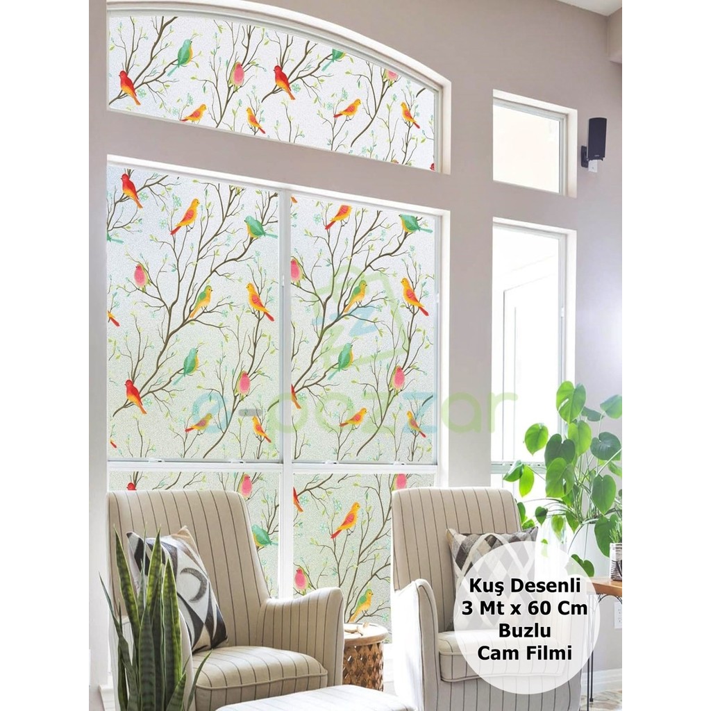 Epazzar 3 Metre x 60 cm Uv Koruyucu Dekoratif 3D Buzlu Kuş Desenli Cam Banyo Pencere Folyosu Statik Sticker - Şeffaf - 60 x 300 cm Evcil Hayvan Ürünleri Fiyatı