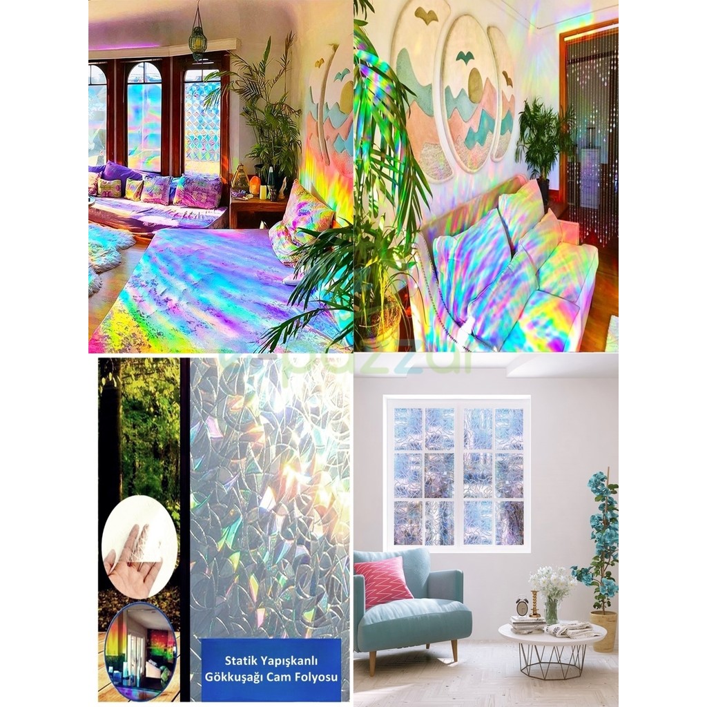Epazzar Dekoratif Uv Koruyucu Transparan 3D Gökkuşağı Cam Folyosu Statik Sticker 3 Metre x 60 cm Evcil Hayvan Ürünleri Fiyatı