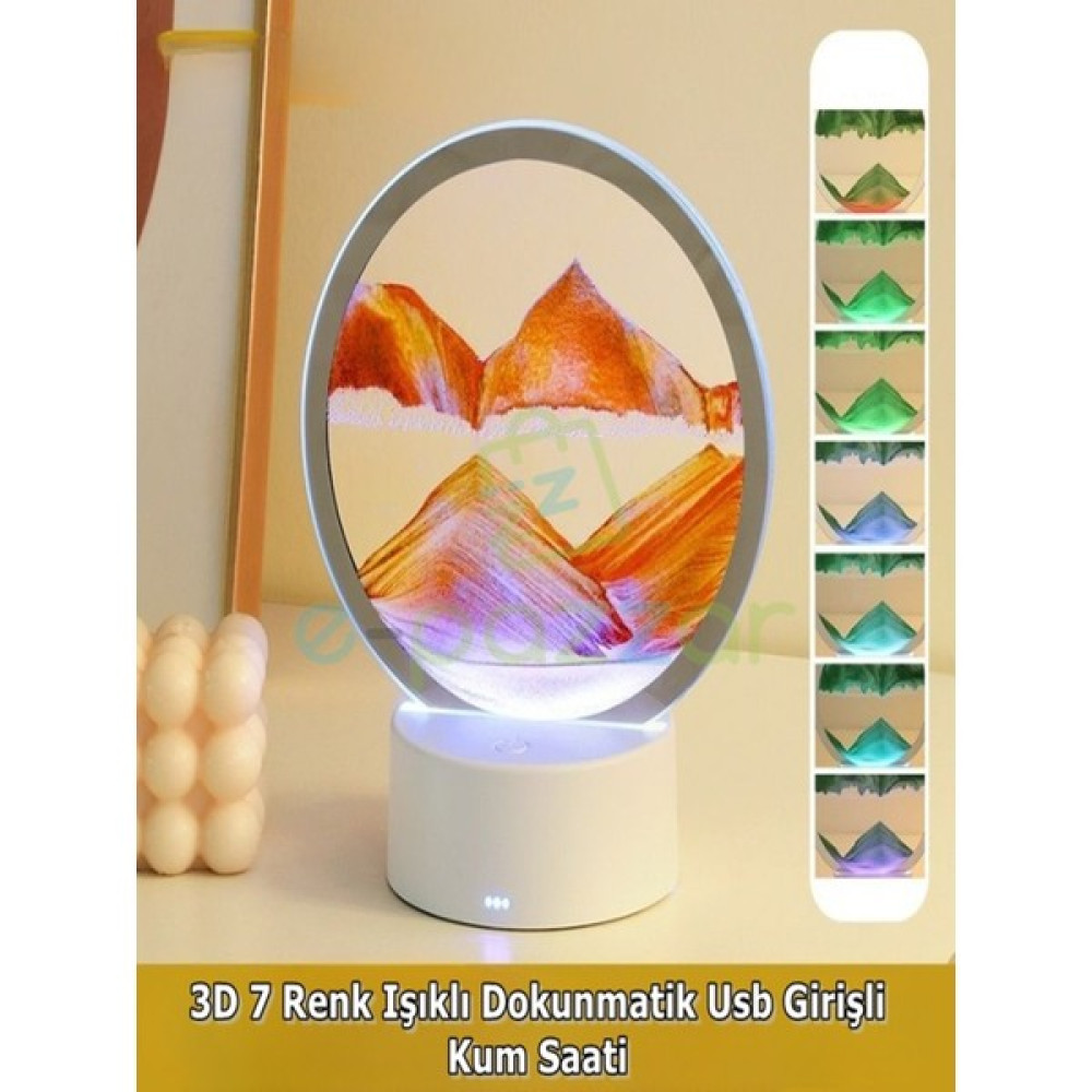 Epazzar Turuncu 3D Cam 7 Renk Işıklı Multicolor Çöl Tasarımlı Sulu Kum Saati Dokunmatik Panelli USB Girişli Masa Saati Fiyatı